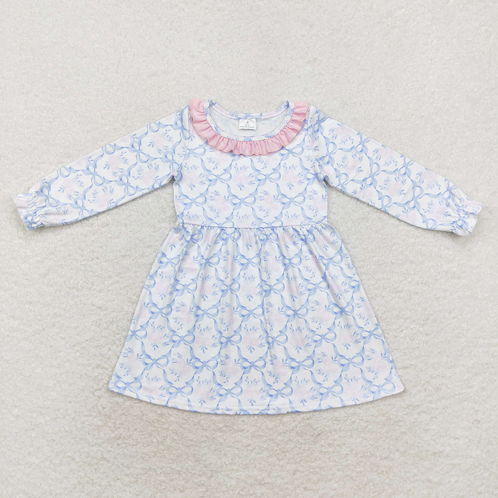 Sibling Baby Girls Bows Flowers Checked Long Ruffle Sleeve Collar Knee Length Dresses