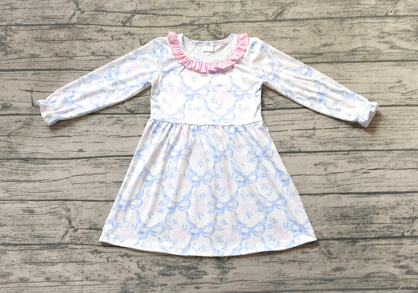 Baby Girls Blue Bows Flowers Fall Knee Length Dresses