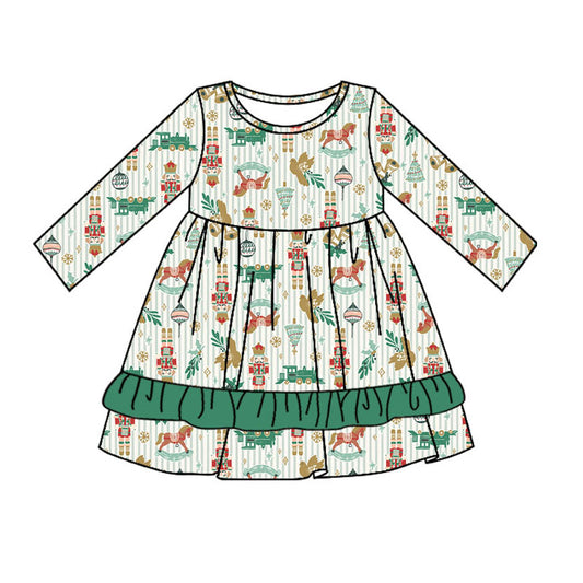 Baby Girls Christmas Soldier Green Stripes Ruffle Knee Length Dresses Preorder