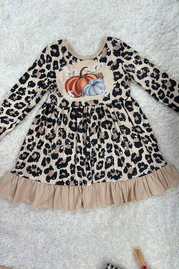 Baby Girls Fall Leopard Pumpkins Knee Length Dresses Preorder