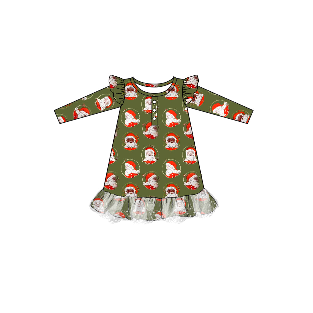 Baby Girls Christmas Green Santa Ruffle Knee Length Dresses Preorder