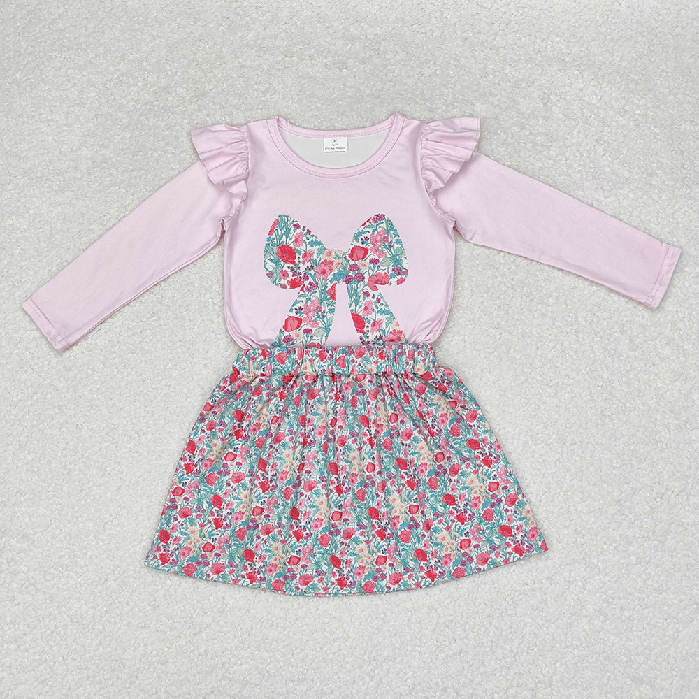 Baby Girls Fall Pink Bow Tee Flowers Skirt Clothes Sets