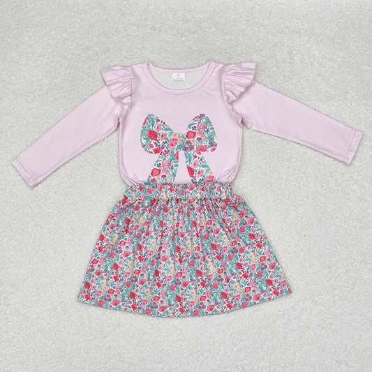 Baby Girls Fall Pink Bow Tee Flowers Skirt Clothes Sets