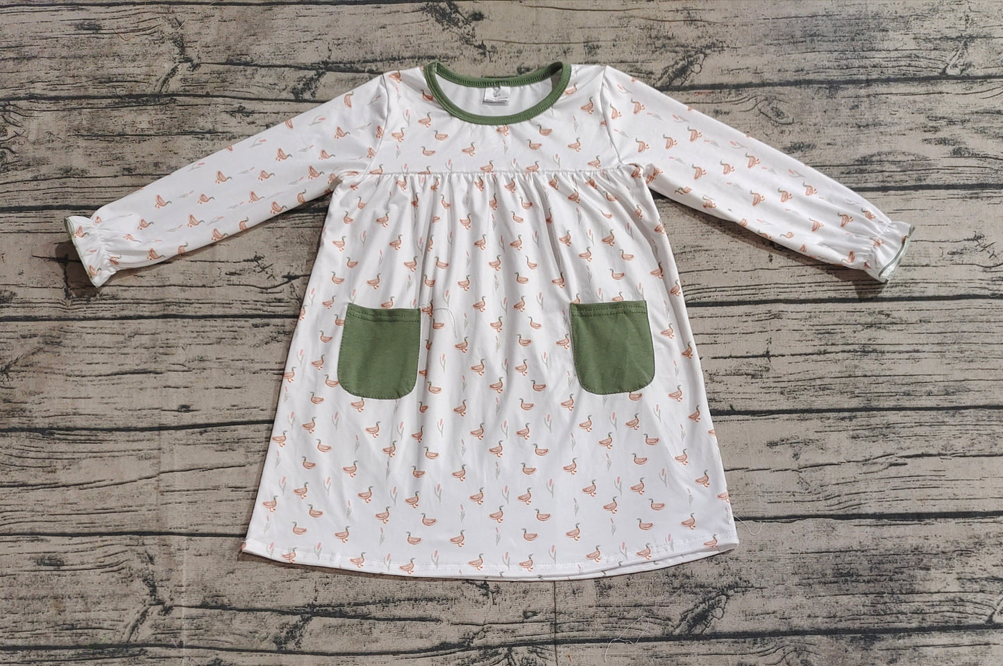 Baby Girls Fall Ducks Green Pockets Knee Length Dresses