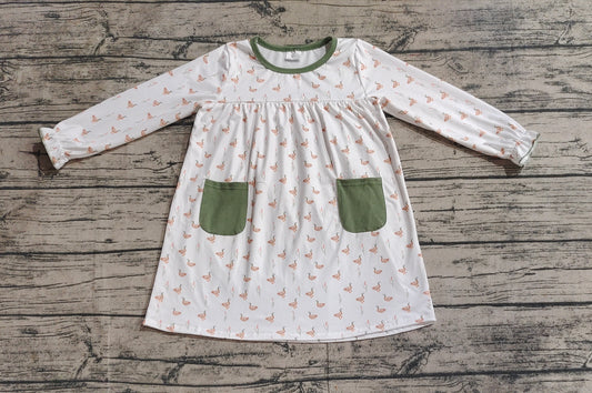 Baby Girls Fall Ducks Green Pockets Knee Length Dresses