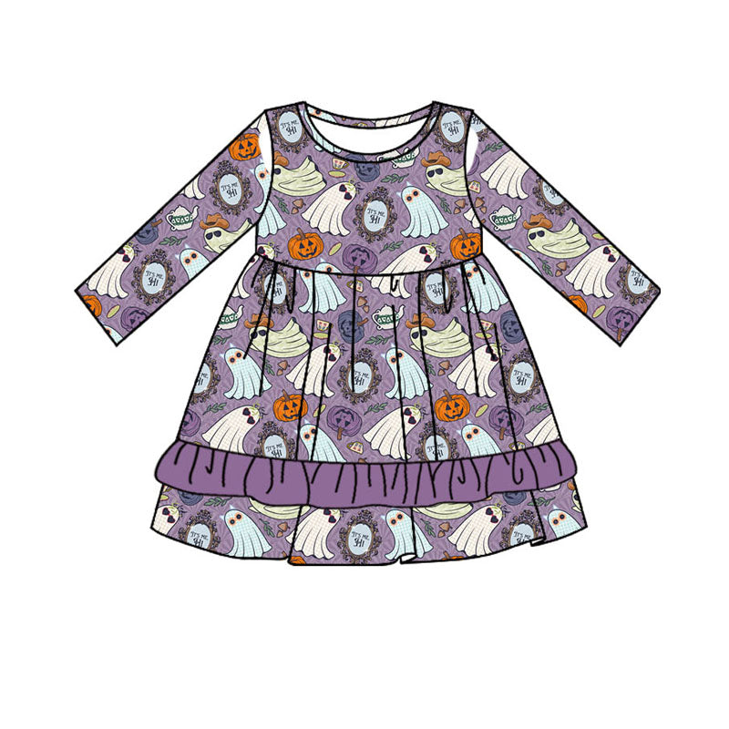 Baby Girls Purple Halloween Ghost Ruffle Knee Length Dresses Preorder