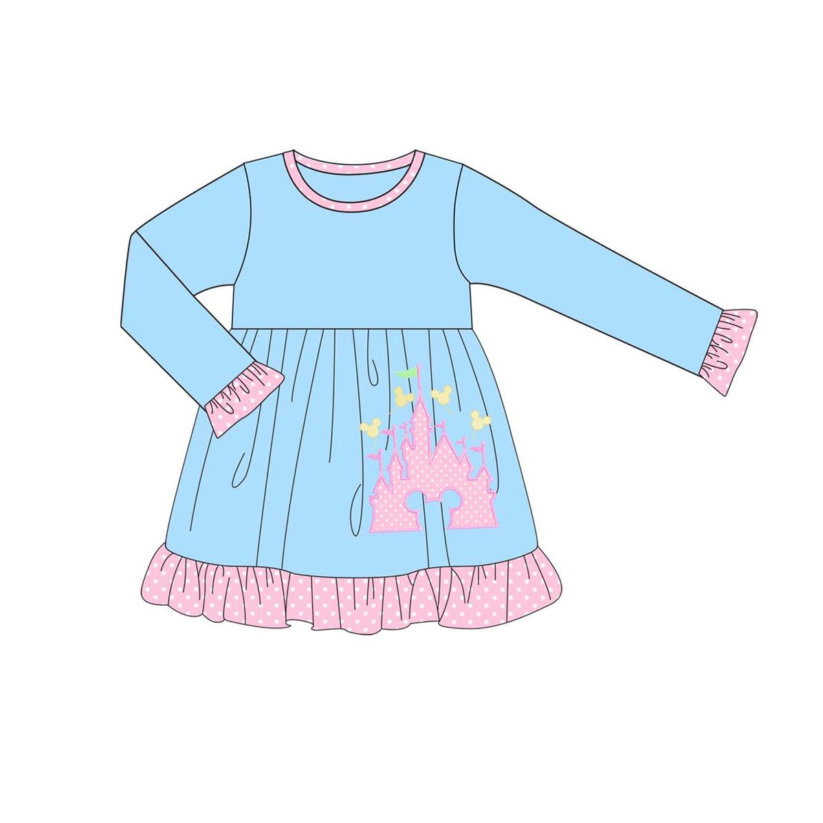 Baby Girls Blue Castle Cartoon Ruffle Knee Length Dresses Preorder