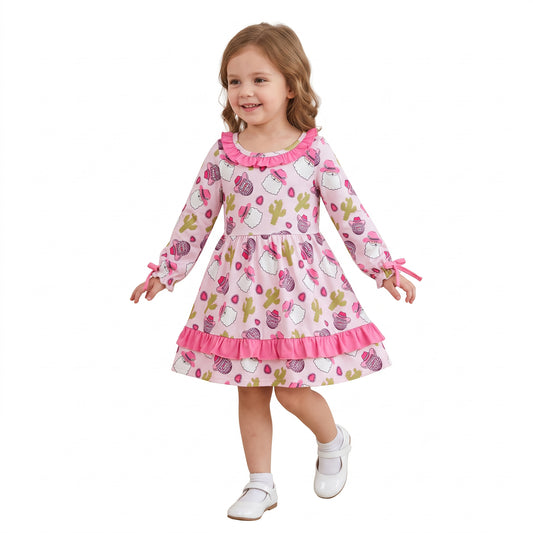 Baby Girls Santa Cactus Christmas Western Ruffle Knee Length Dresses
