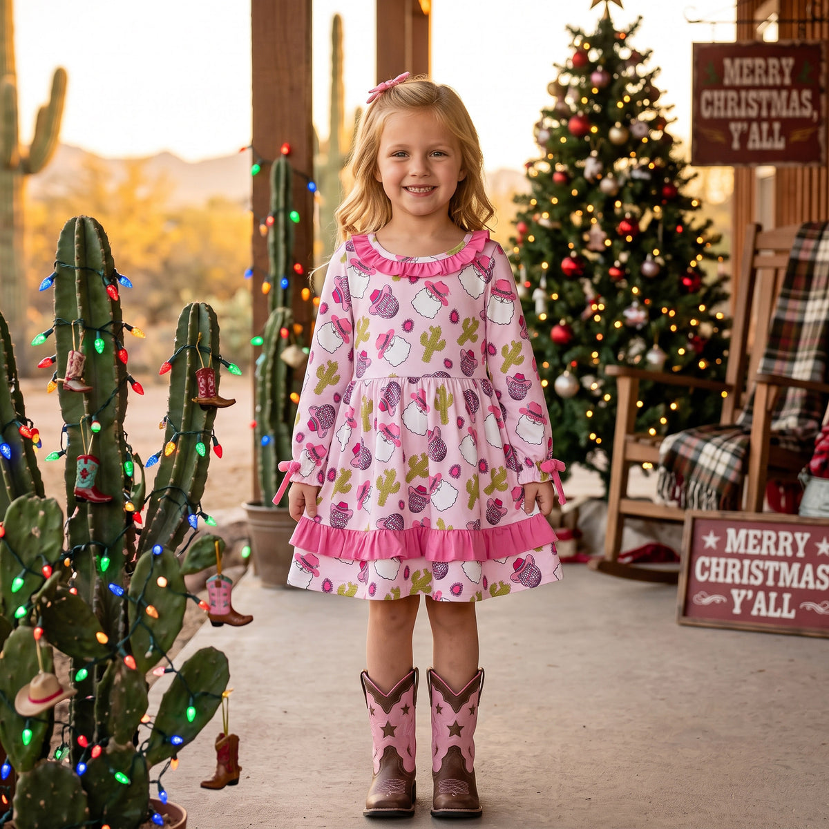 Baby Girls Santa Cactus Christmas Western Ruffle Knee Length Dresses