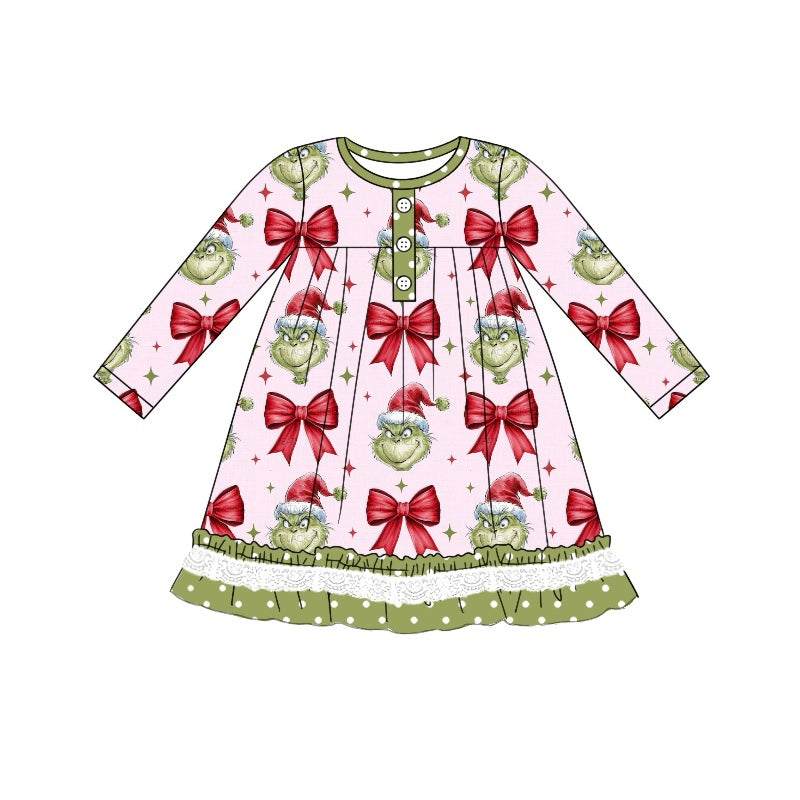 Baby Girls Christmas Green Face Bows Ruffle Knee Length Dresses Preorder