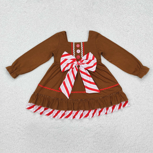Sibling Baby Girls Candy Cane Stripes Button Christmas Ruffle Knee Length Dresses