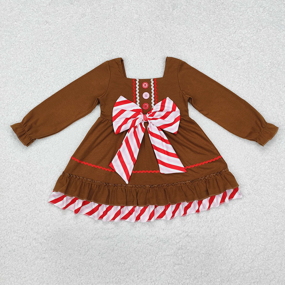 Sibling Baby Girls Brown Gingerbread Bow Dresses Clothes Sets