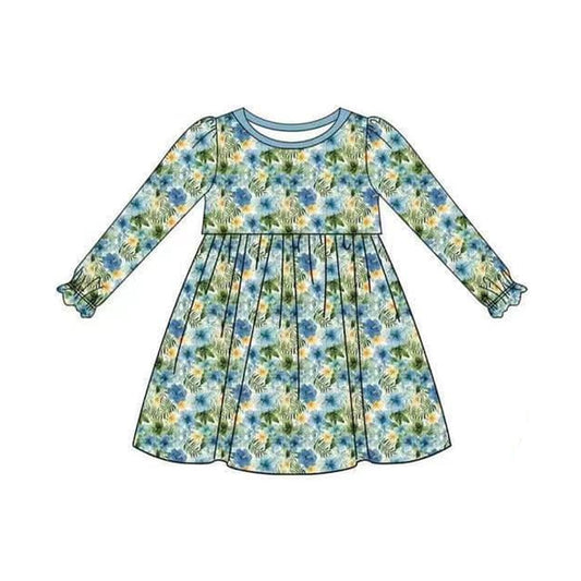 Baby Girls Dark Blue Flowers Knee Length Dresses Preorder