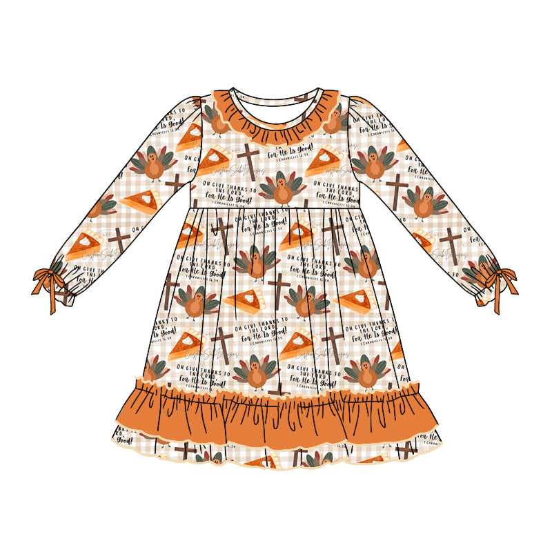 Baby Girls Thanksgiving Turkey Cross Ruffle Knee Length Dresses Preorder