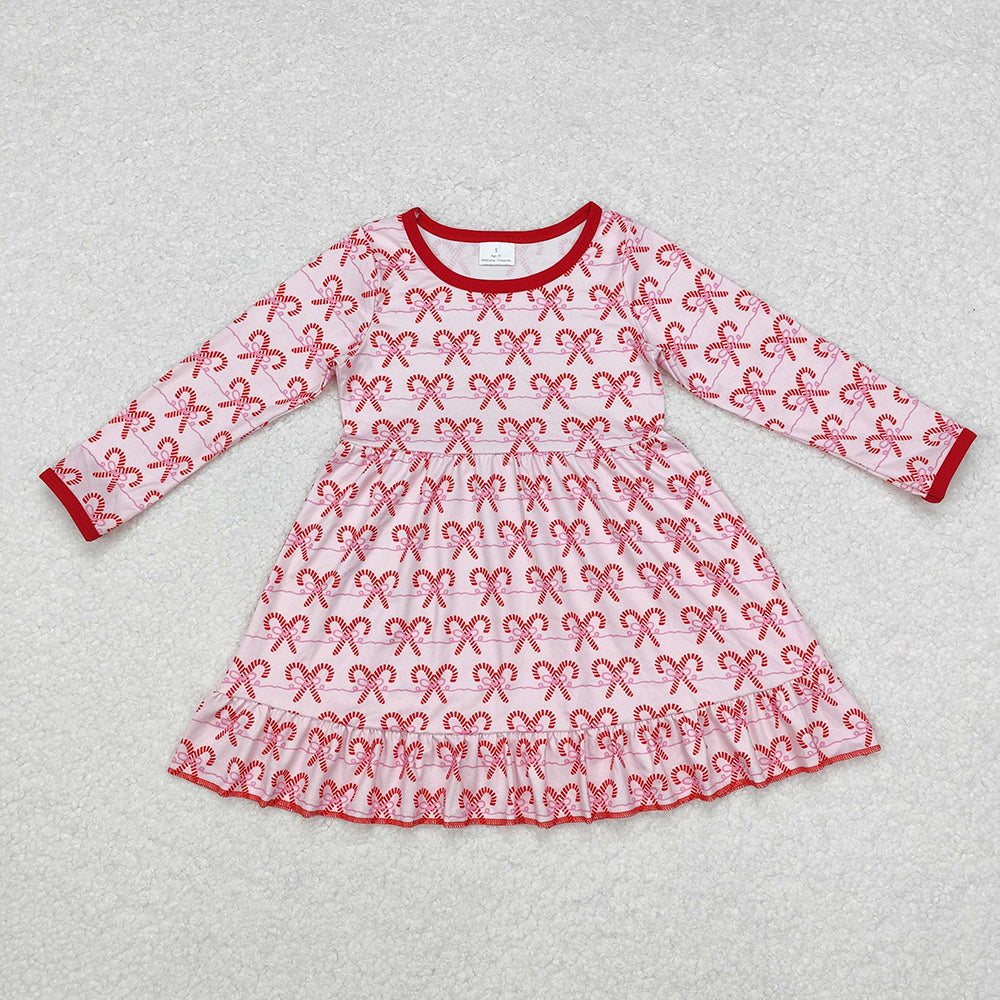 Baby Girls Pink Bows Candy Cane Ruffle Knee Length Dresses