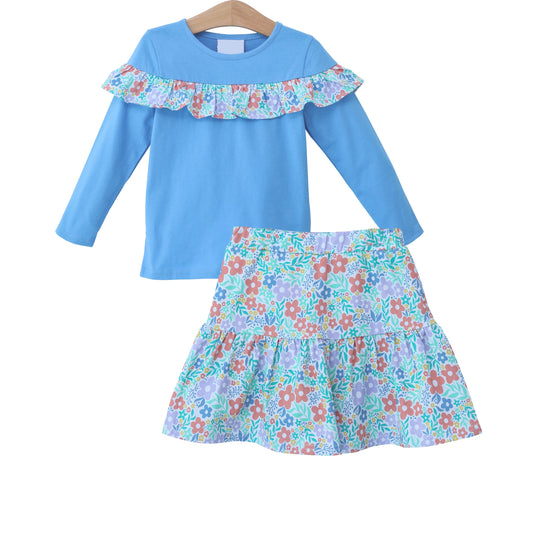 Baby Girls Blue Ruffle Shirt Small Flowers Skirt Clothes Sets Preorder