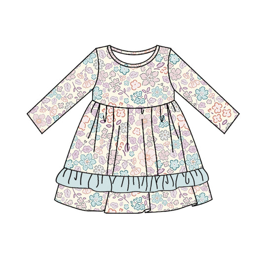 Baby Girls Pink Blue Flowers Knee Length Dress Preorder