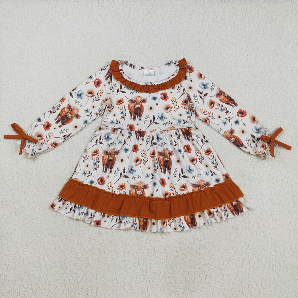 Baby Girls Western Flowers Highland Cow Knee Length Dresses