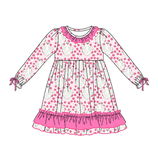 Baby Girls Halloween Pink Flowers Ghost Knee Length Dresses Preorder