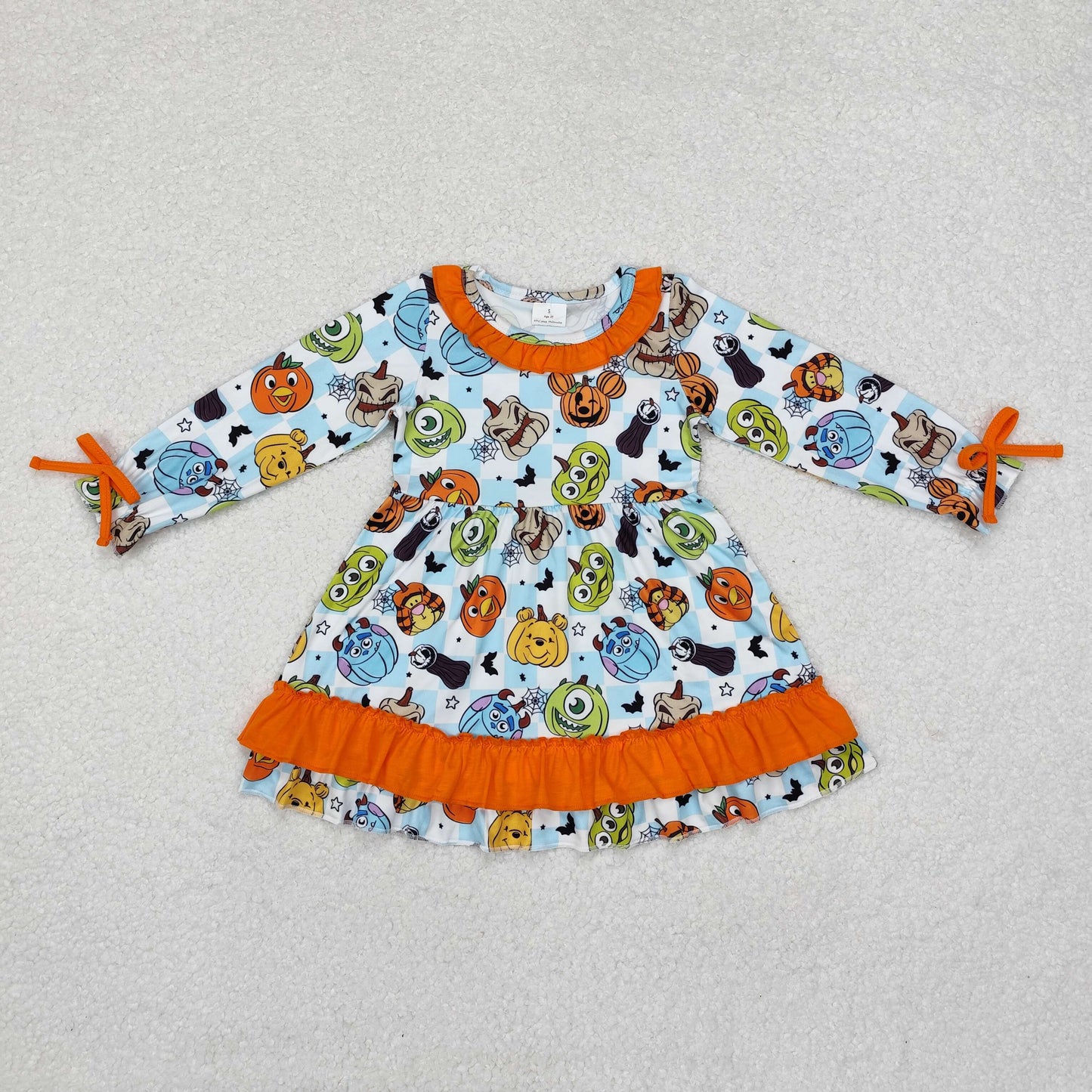 Sibling Baby Girls Long Ruffle Sleeve Cartoon Pumpkins Princess Trees Knee Length Dresses