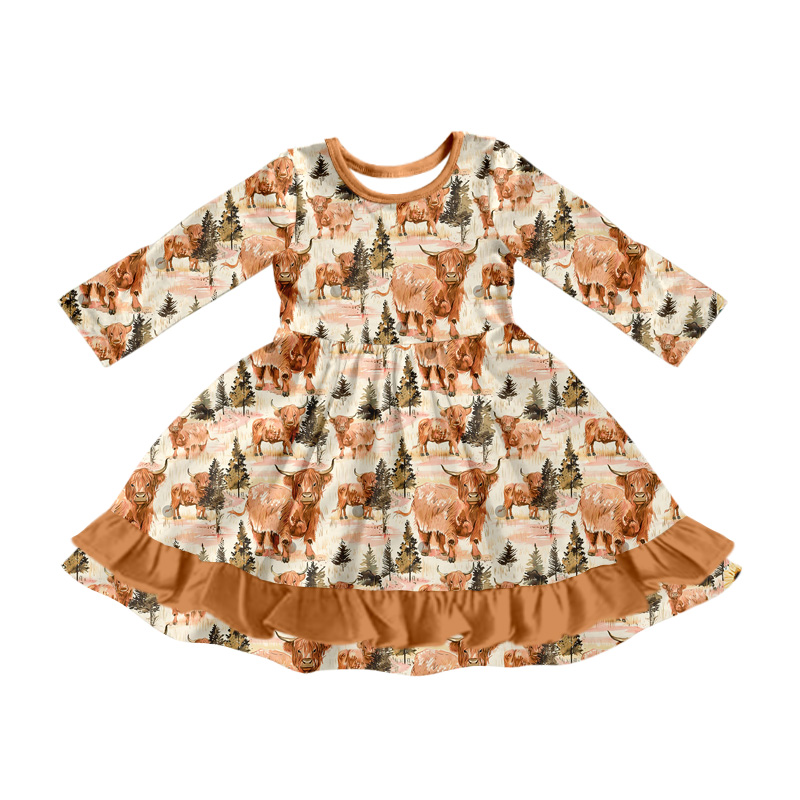 Baby Girls Western Highland Cow Ruffle Knee Length Dresses Preorder