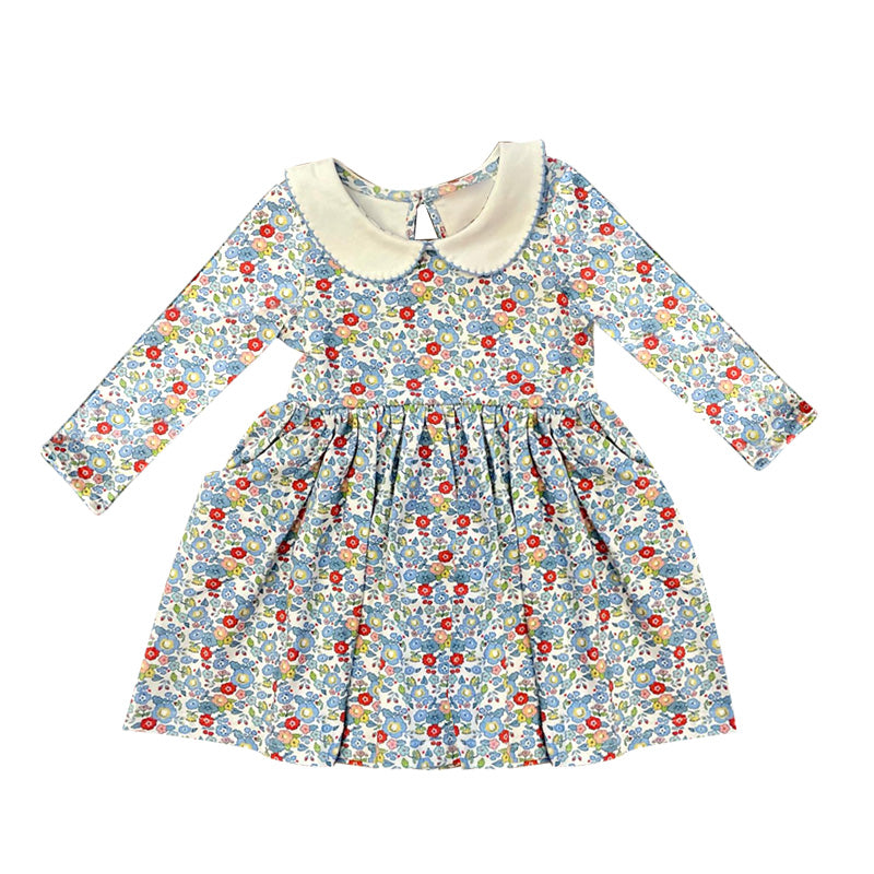 Baby Girls Blue Small Flowers Knee Length Dresses Preorder