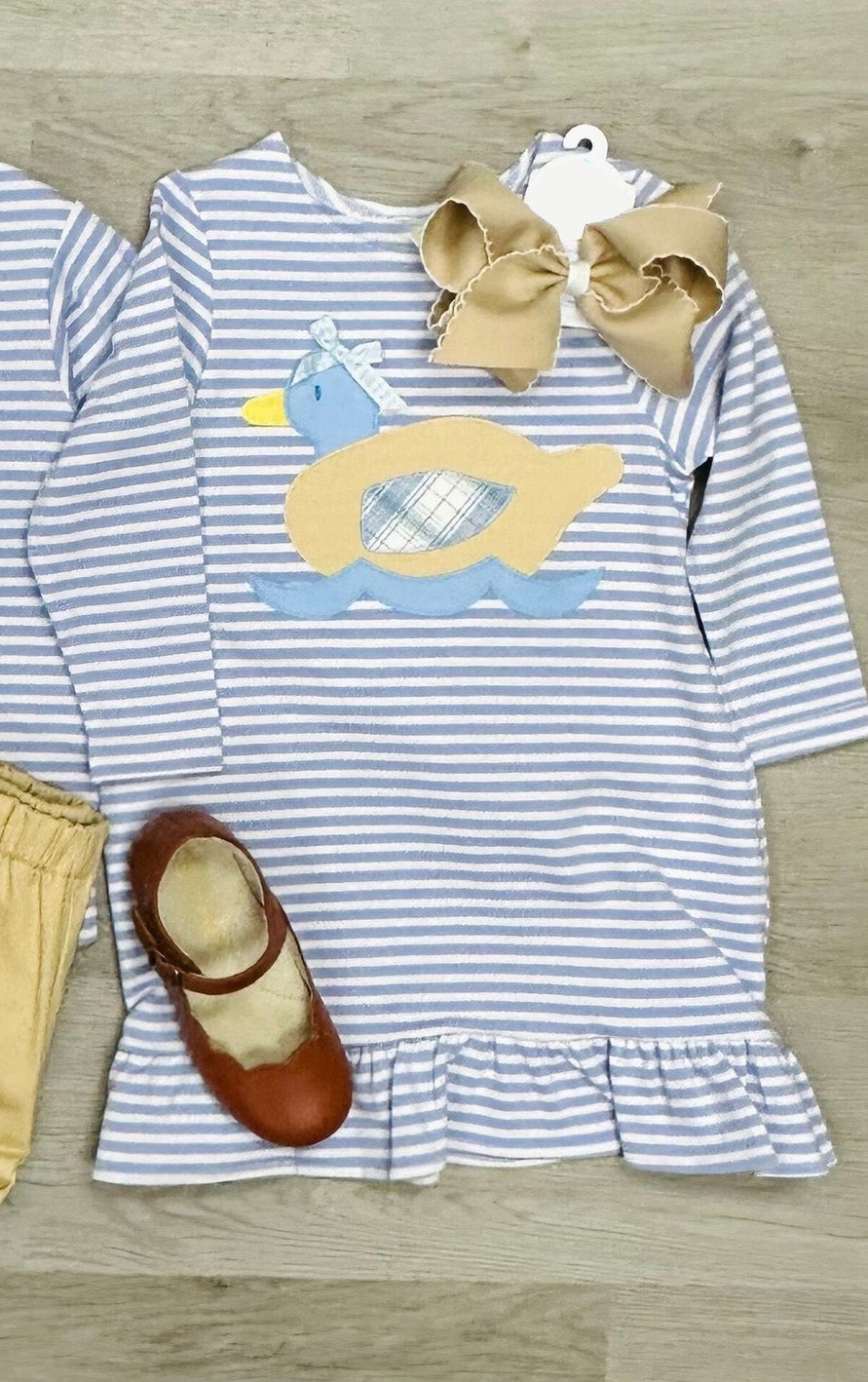 Baby Girls Blue Stripes Ducks Bow Knee Length Dresses Preorder