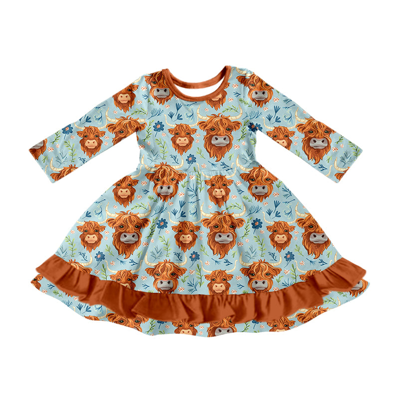 Baby Girls Western Highland Cows Ruffle Knee Length Dresses Preorder