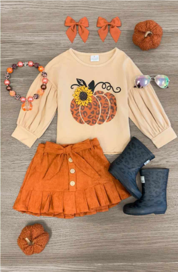 Baby Girls Fall Pumpkin Leopard Top Skirt Clothes Sets Preorder