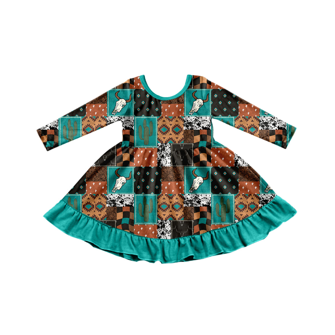 Baby Girls Western Cow Aztec Knee Length Dresses Preorder