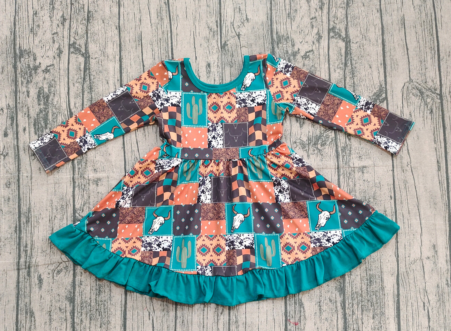 Baby Girls Western Cows Aztec Ruffle Knee Length Dresses