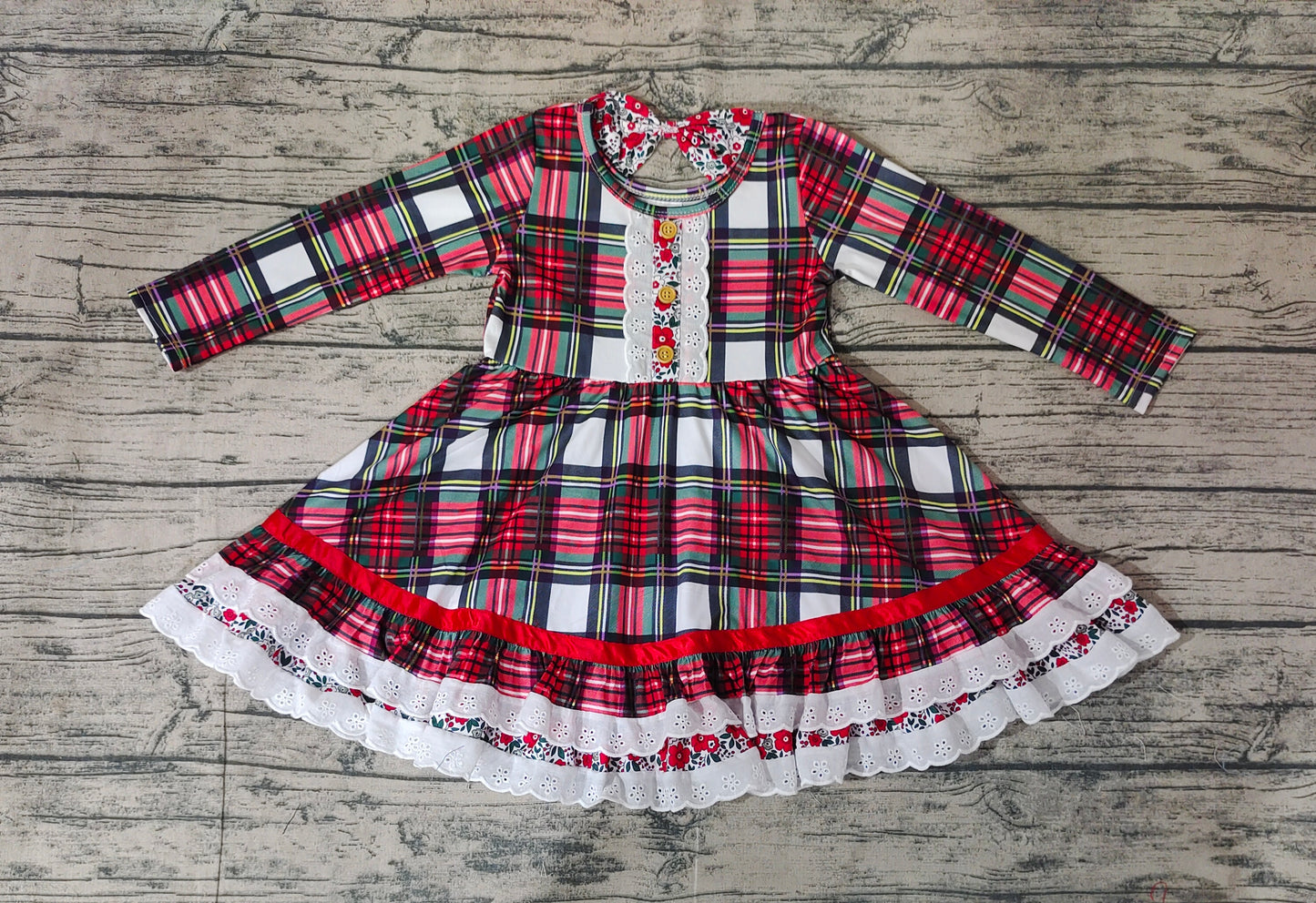 Baby Girls Christmas Green Red Checkered Ruffle Knee Length Dresses