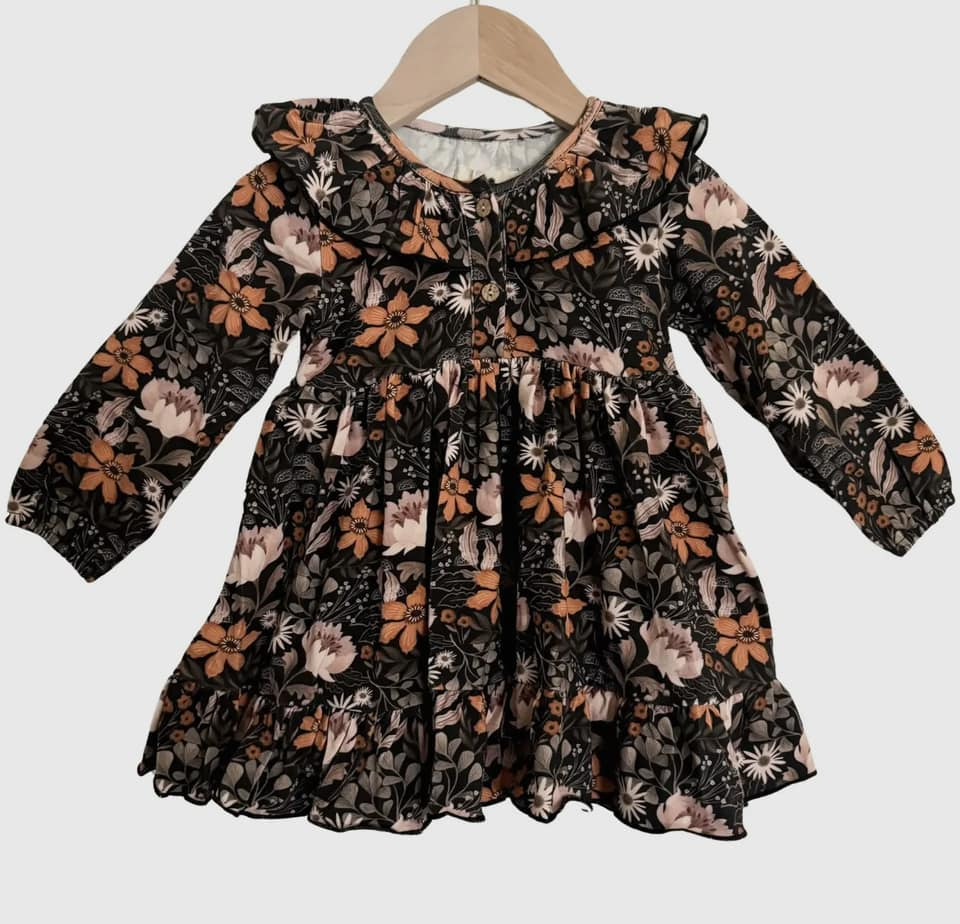 Baby Girls Fall Black Brown Flowers Ruffle Knee Length Dresses Preorder