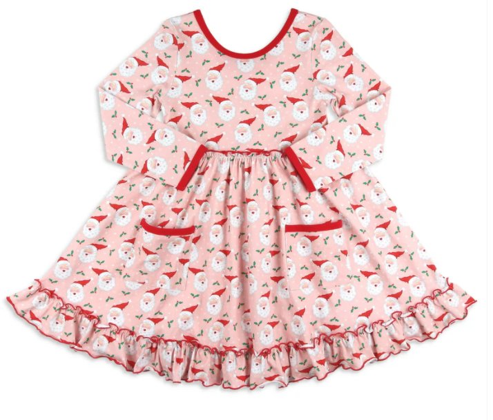 Baby Girls Pink Christmas Santa Pockets Ruffle Knee Length Dresses Preorder