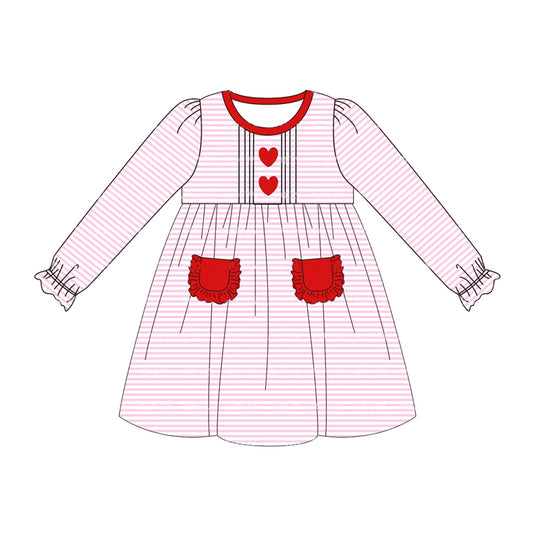 Baby Girls Pink Stripes Heart Pockets Knee Length Dresses Preorder