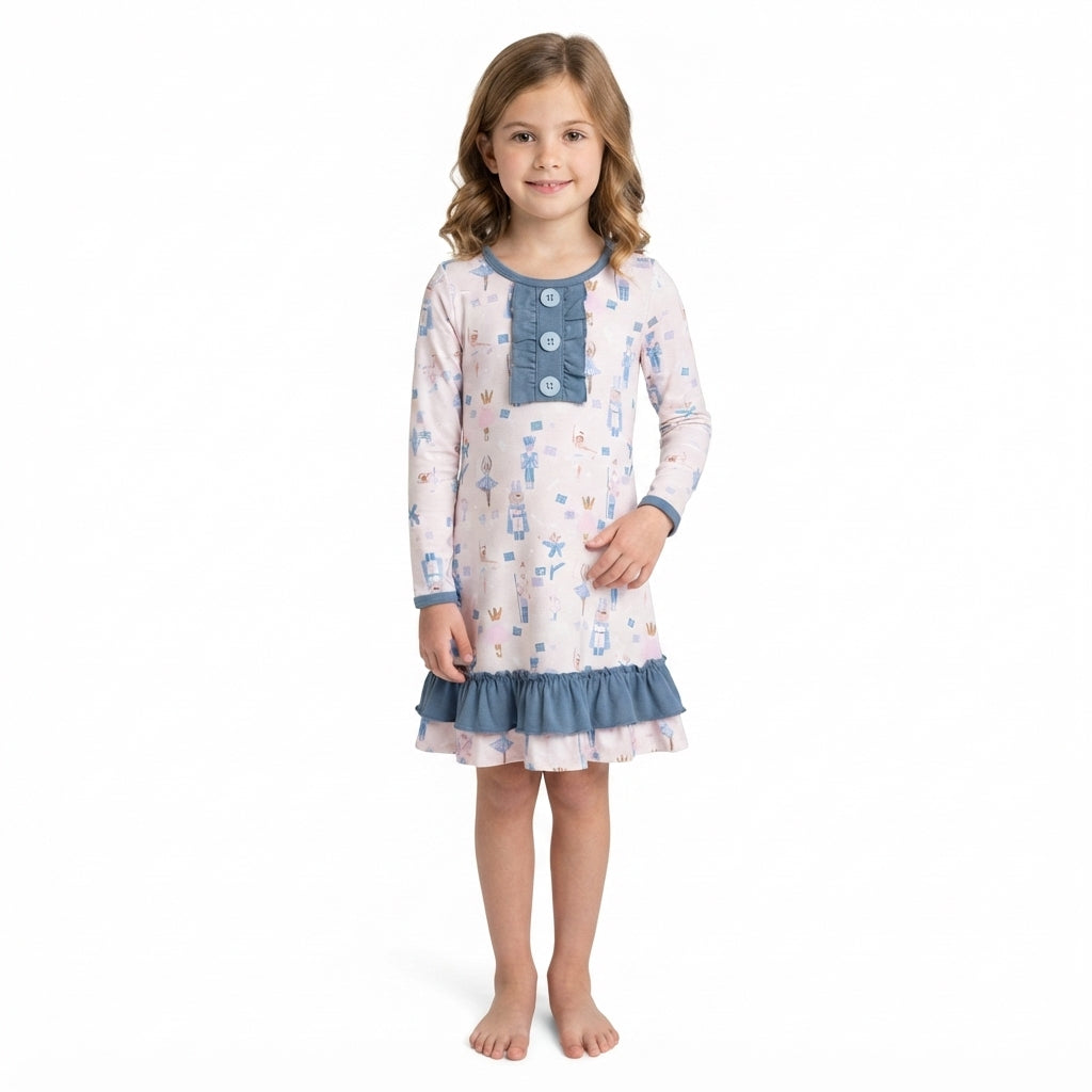 Baby Girls Blue Pink Soldier Dancers Button Ruffle Knee Length Dresses