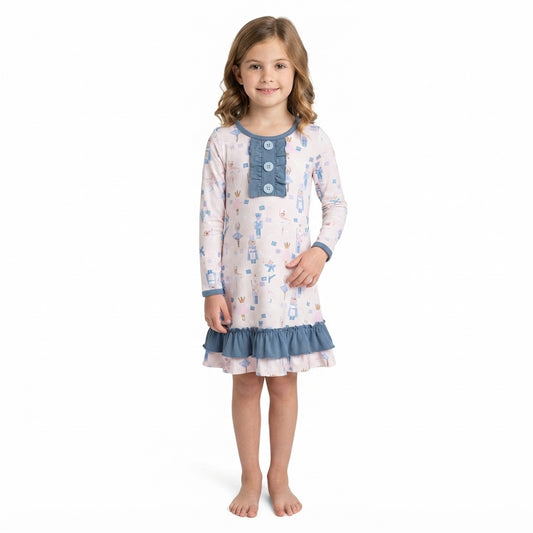Baby Girls Blue Pink Soldier Dancers Button Ruffle Knee Length Dresses