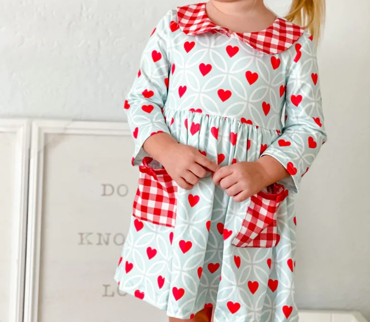 Baby Girls Valentines Hearts Pockets Knee Length Dresses Preorder