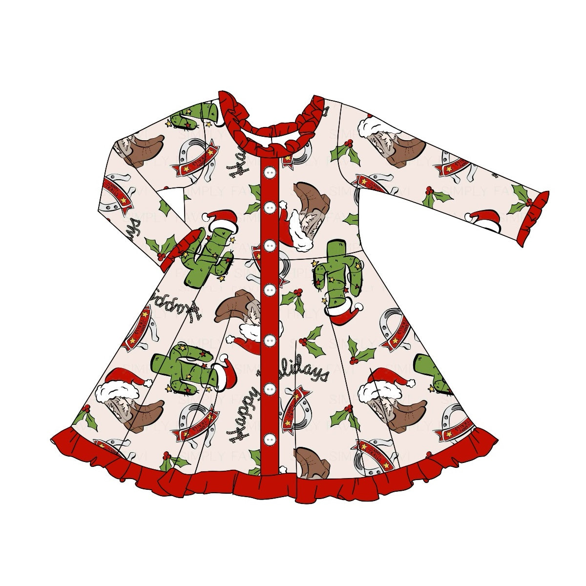 Baby Girls Christmas Western Cactus Boots Knee Length Dresses Preorder