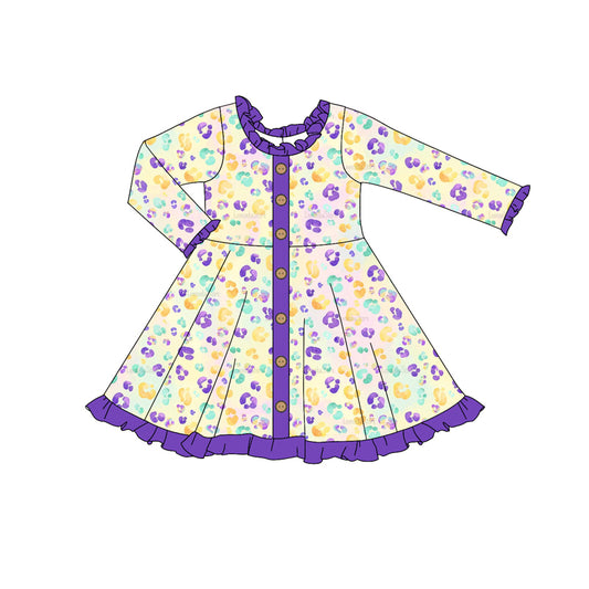 Baby Girls Purple Leopard Buttons Knee Length Dresses Preorder