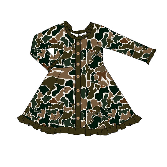 Baby Girls Brown Camo Buttons Knee Length Dresses Preorder