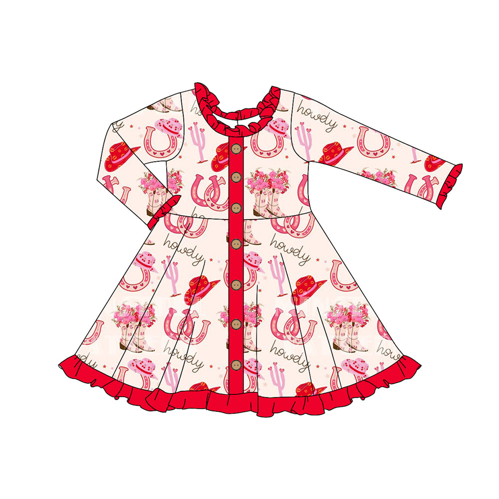 Baby Girls Valentines Western Boots Buttons Knee Length Dresses Preorder