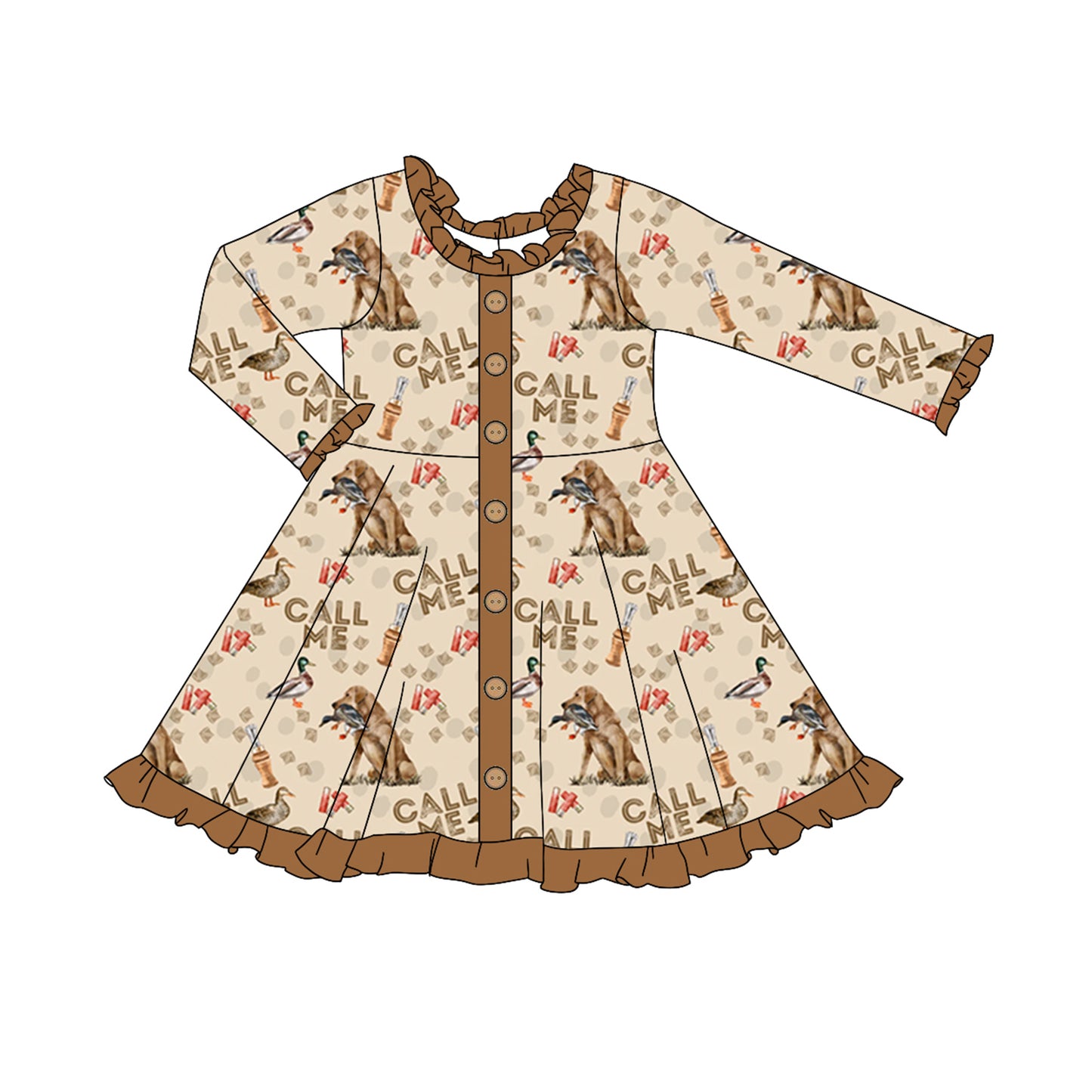 Baby Girls Ducks Call Me Dog Hunting Buttons Knee Length Dresses Preorder