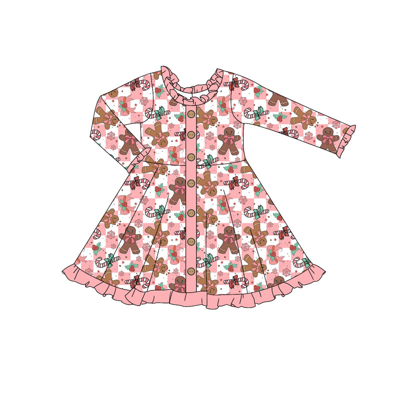 Baby Girls Christmas Gingerbread Checkered Buttons Knee Length Dresses Preorder