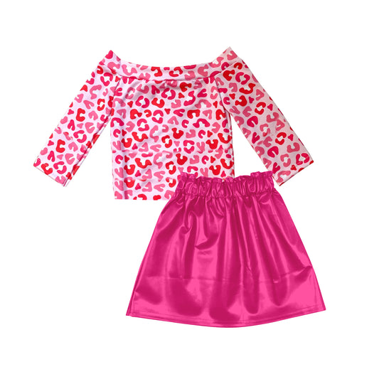 Baby Girls Valentines Pink Leopard Top Leather Skirts Clothes Sets Preorder