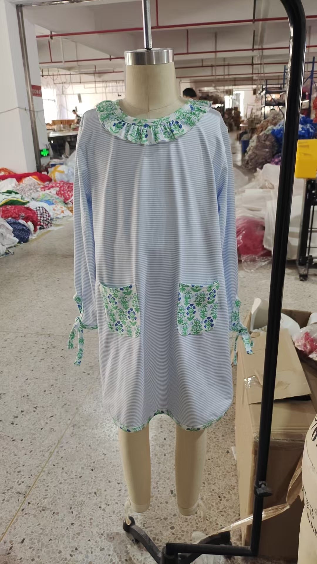 Baby Girls Stripes Green Flowers Pockets Knee Length Dresses