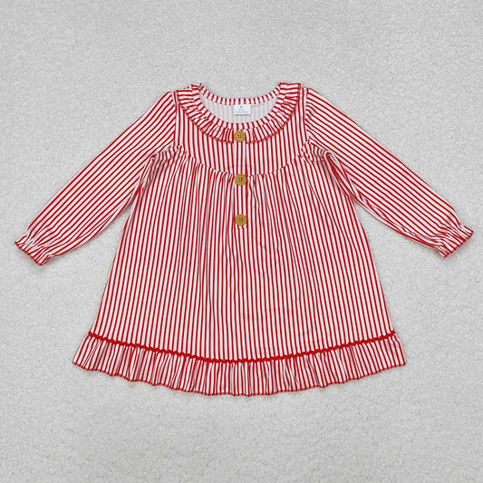 Baby Girls Christmas Red Stripes Buttons Ruffle Gowns Dresses