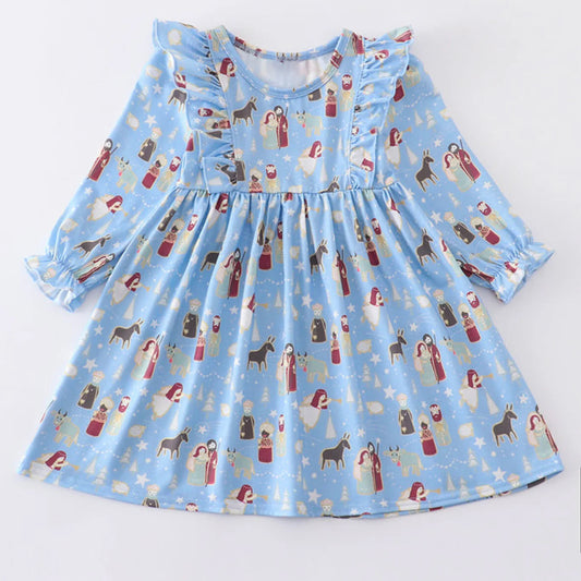 Baby Girls Christmas Blue Soldier Ruffle Knee Length Dresses Preorder