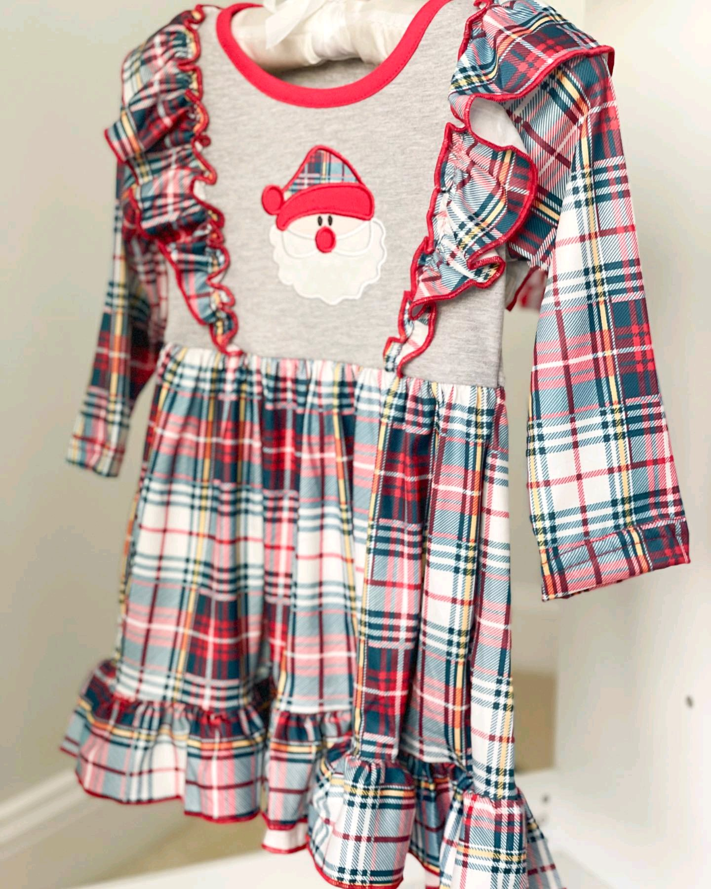 Baby Girls Christmas Checkered Santa Ruffle Knee Length Dresses Preorder