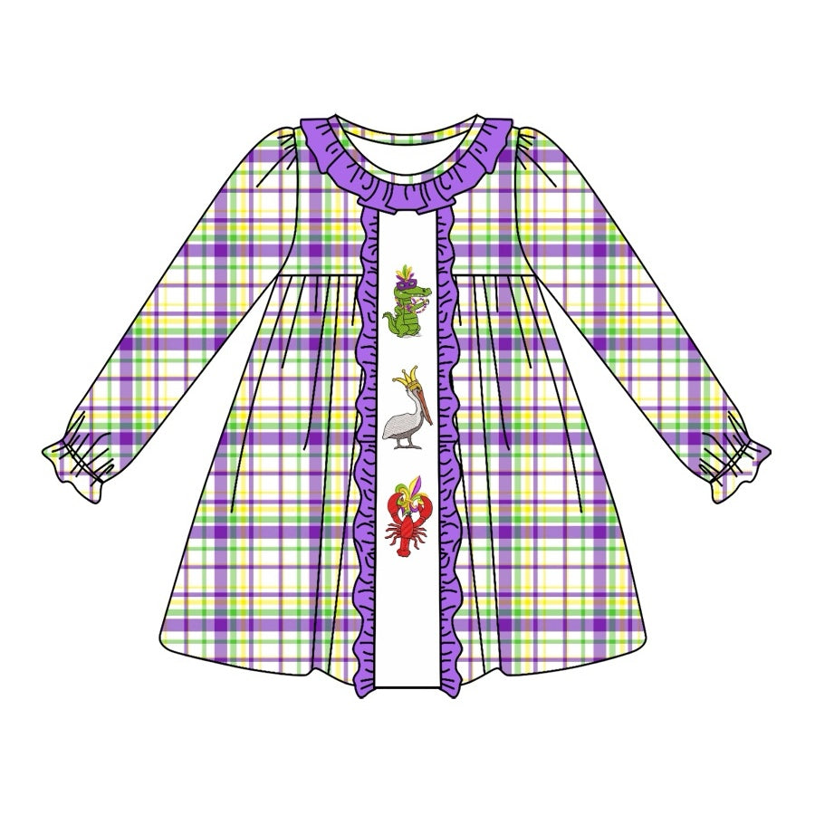 Baby Girls Checkered Crawfish Mardi Gras Knee Length Dresses Preorder